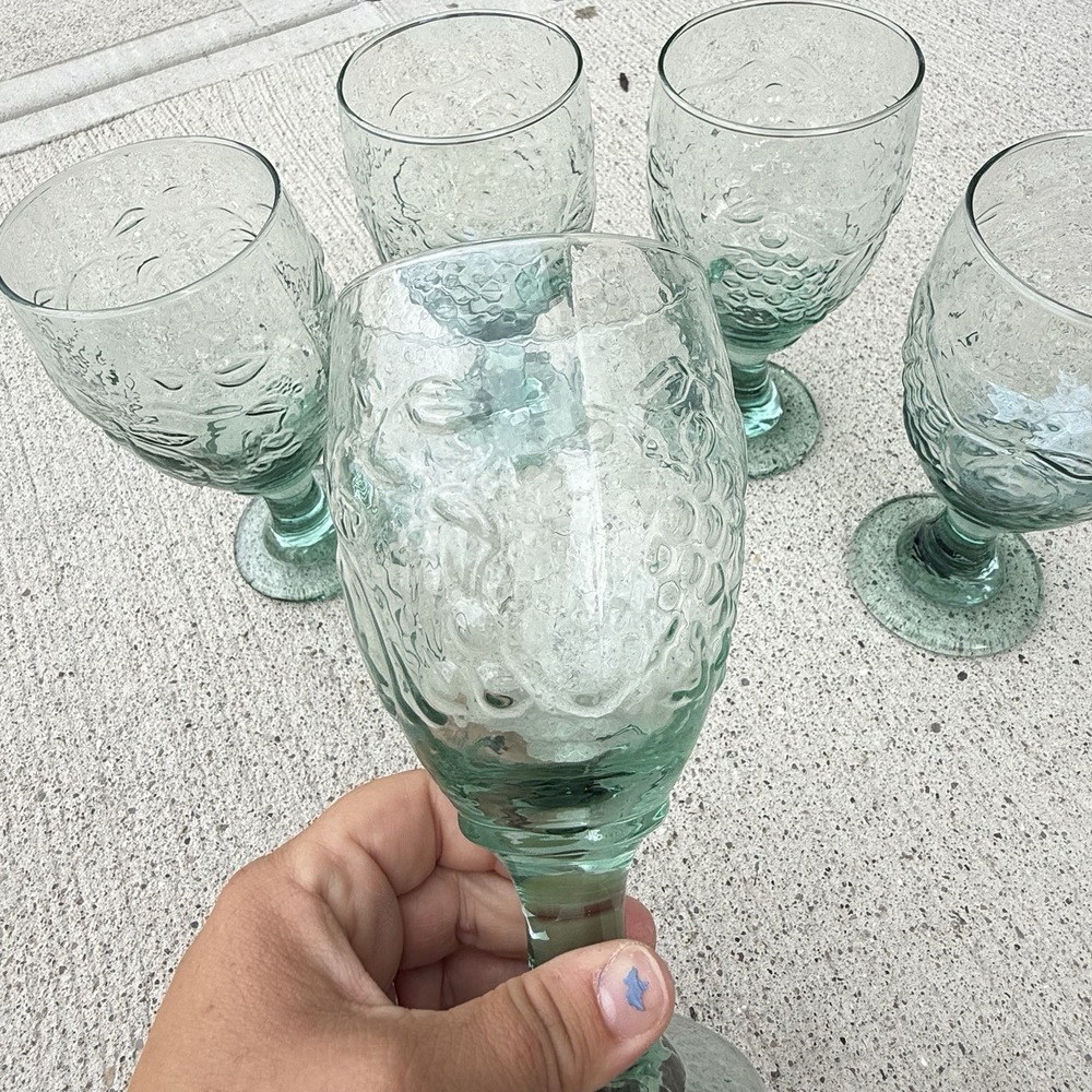 Libbey Orchard Green Goblets Set of 5 Textured Stemmed Wine Water Glasses VTG - Picture 6 of 8